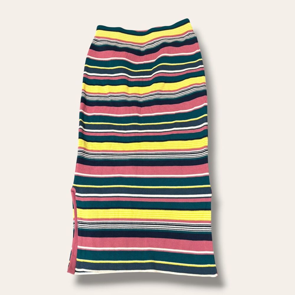 Maeve Skirt Womens M Striped Knit Midi Pull On Side Slit Stretch Multicolor